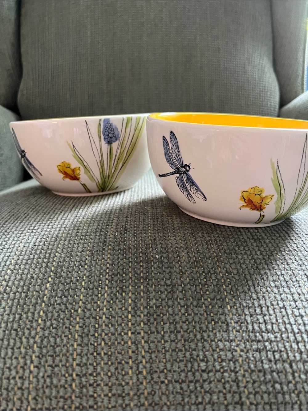 Floral Dragonfly Ceramic Bowl Set with Yellow Interior - NWT